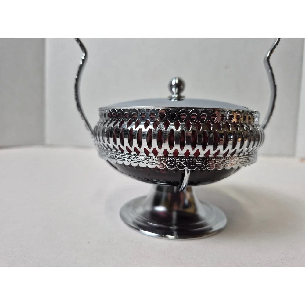 Vintage Amethyst‎ Purple Glass Jam Jar with Silver Tone Metal Caddy and Handle